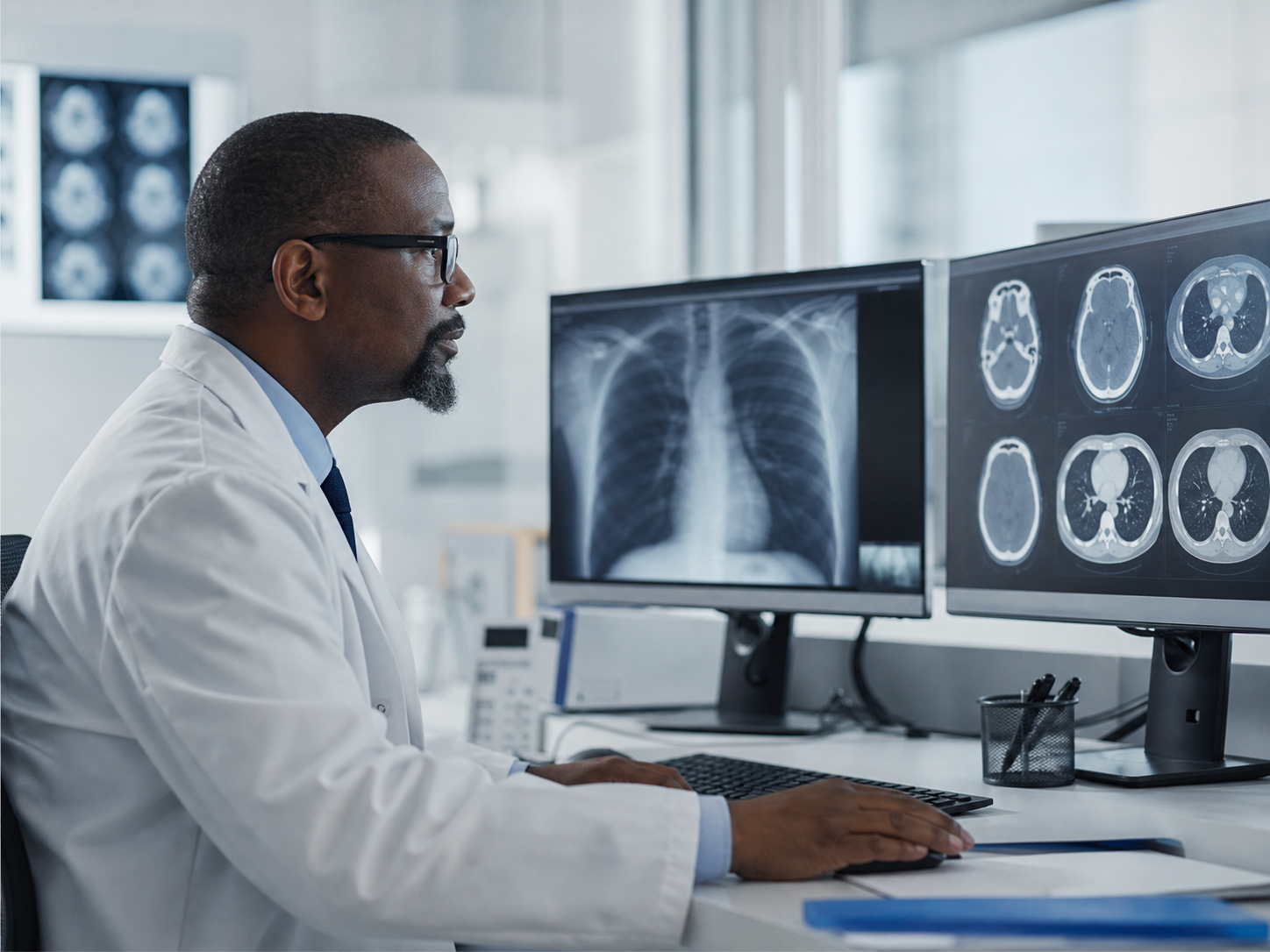 A radiologist reviewing chest and head scans