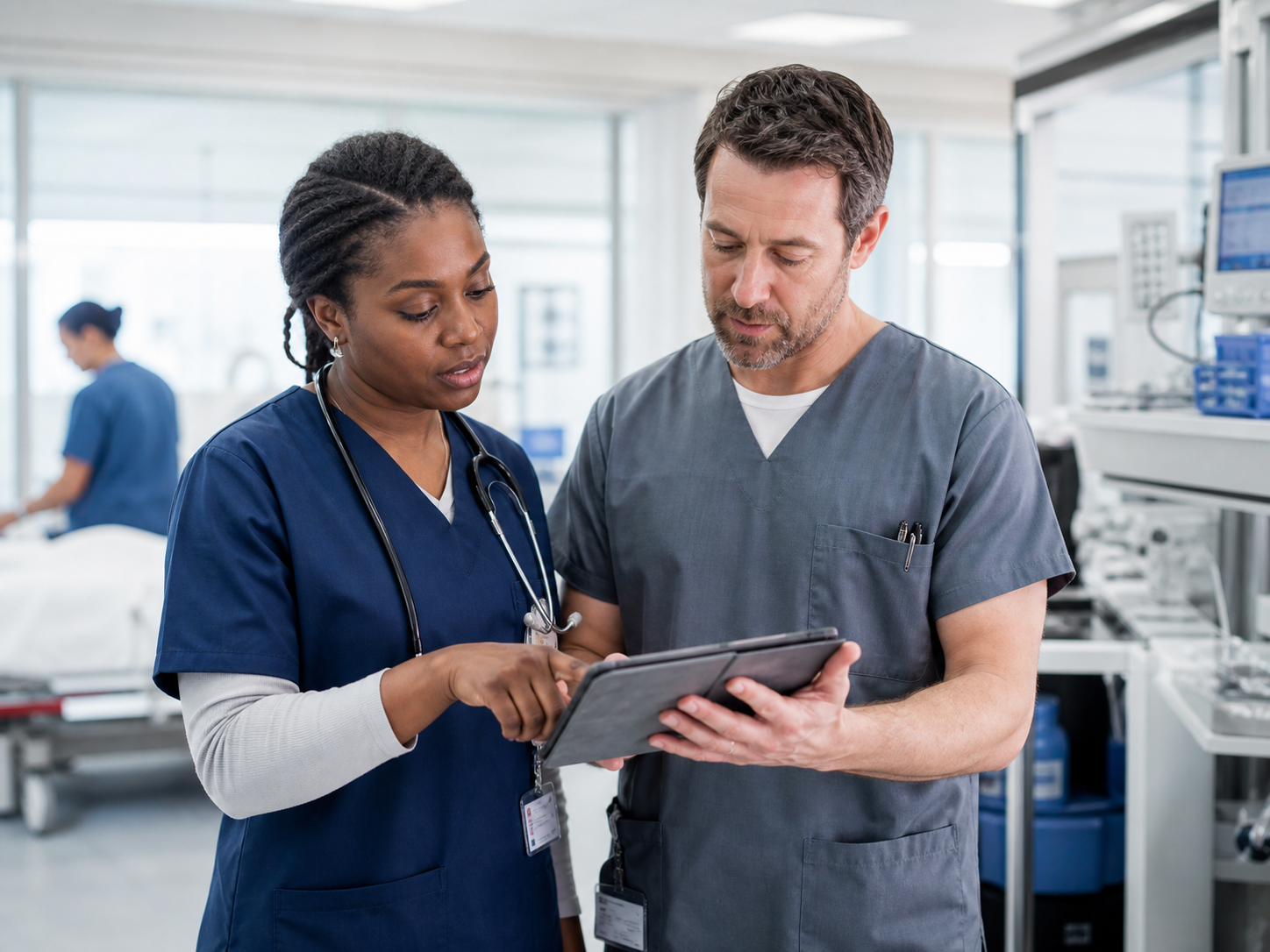 Two clinicians reviewing a care plan together on a tablet